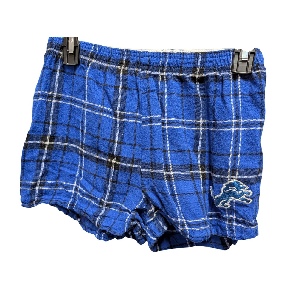 NFL Detroit Lions Pajama Shorts Womens M Blue Good Plaid Flannel Loungewear